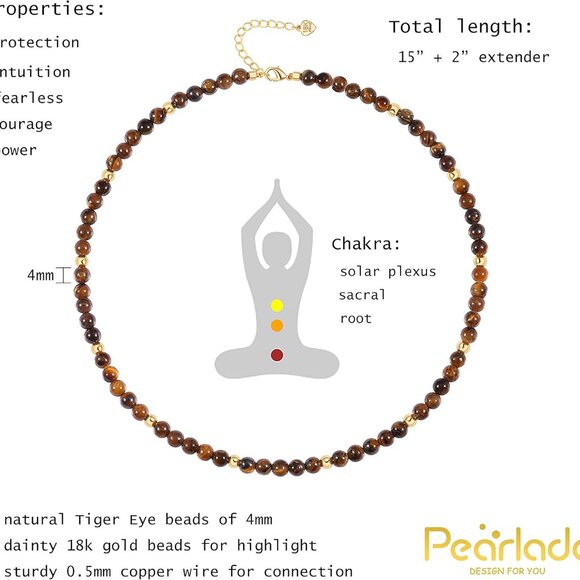 Elegant Tiger Eye Choker Necklace | 18k Gold Accents & Adjustable 15" Length - Picture 4 of 7